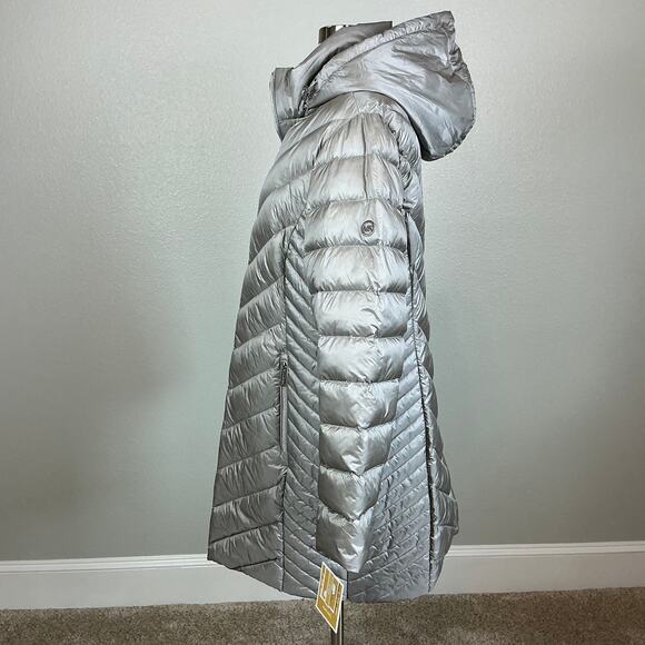 Michael Kors Quilted Puffer Coat Size Large Gray Mid Length Packable Jacket - Picture 5 of 11